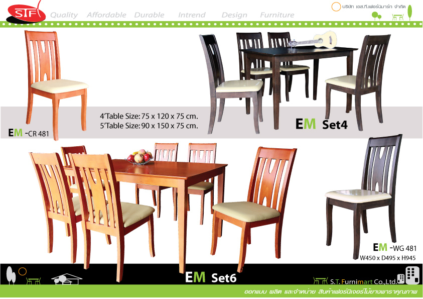 ๋ST_EM dinning set
ชุดอาหารรุ่นอีเอ็ม สีเวงเก้/สีเชอรรี่ 